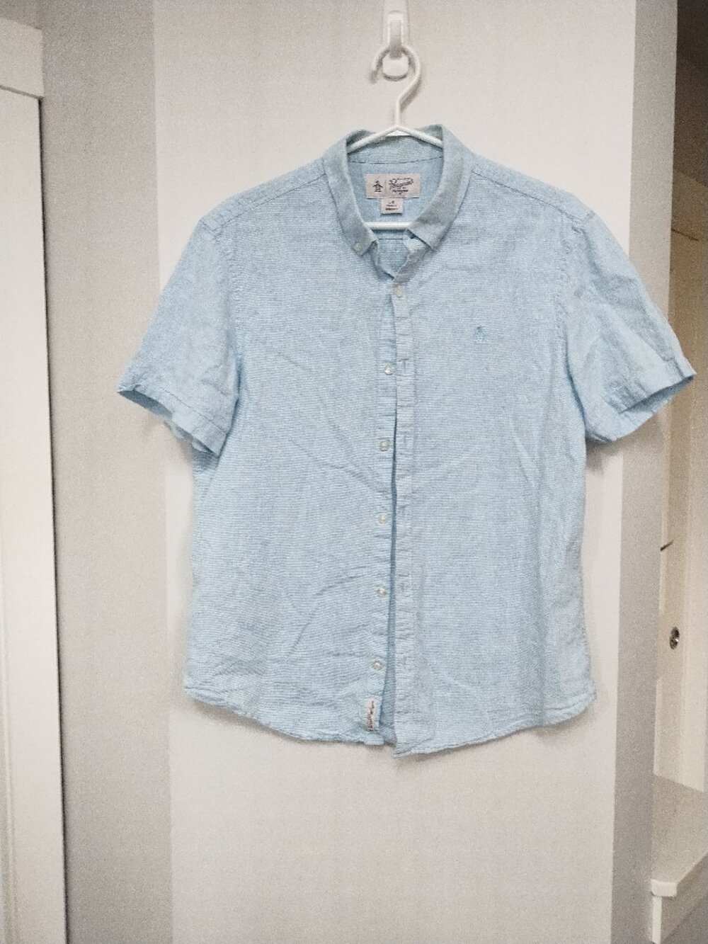 Mens cotton/linen blend short sleeve Penguin button down shirt